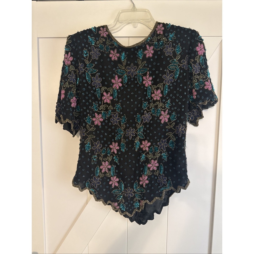 Laurence Kazar New York women's vintage top 100% Silk Size L Beaded 1980s Floral